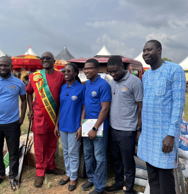 Mordecai farms award, mordecai staff, farmer day eastern region, National Farmers’ Day Ceremony 2025 Eastern Region stage event, sustainable aquaculture RAS system tanks, African catfish in controlled aquaculture environment, fish farming team at award ceremony